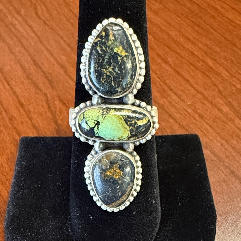 New 925 Matte Sterling Silver Black Jack Turquoise 3 Stone Ring Adjustable